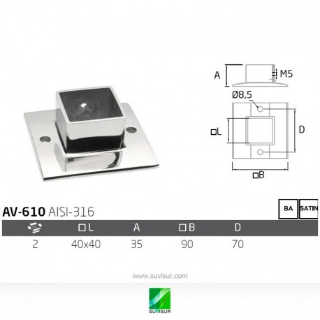 Soporte pasamanos pared cuadrado AV-610