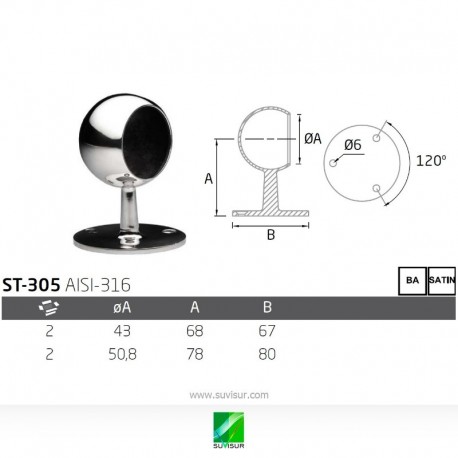 Soporte pasamanos pared esfera extremo ST-305